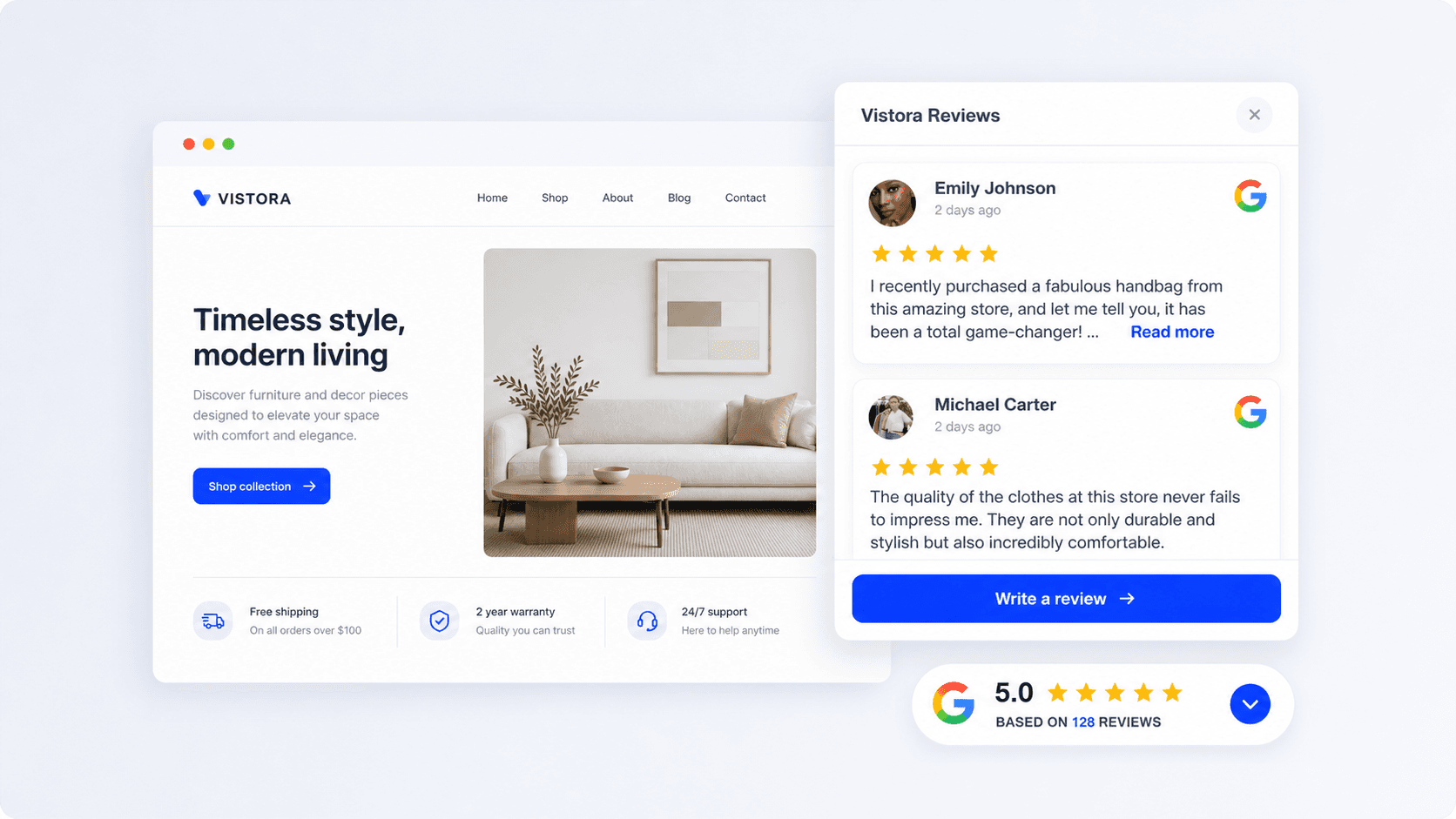 A floating review rating badge on a website corner, created from a prompt