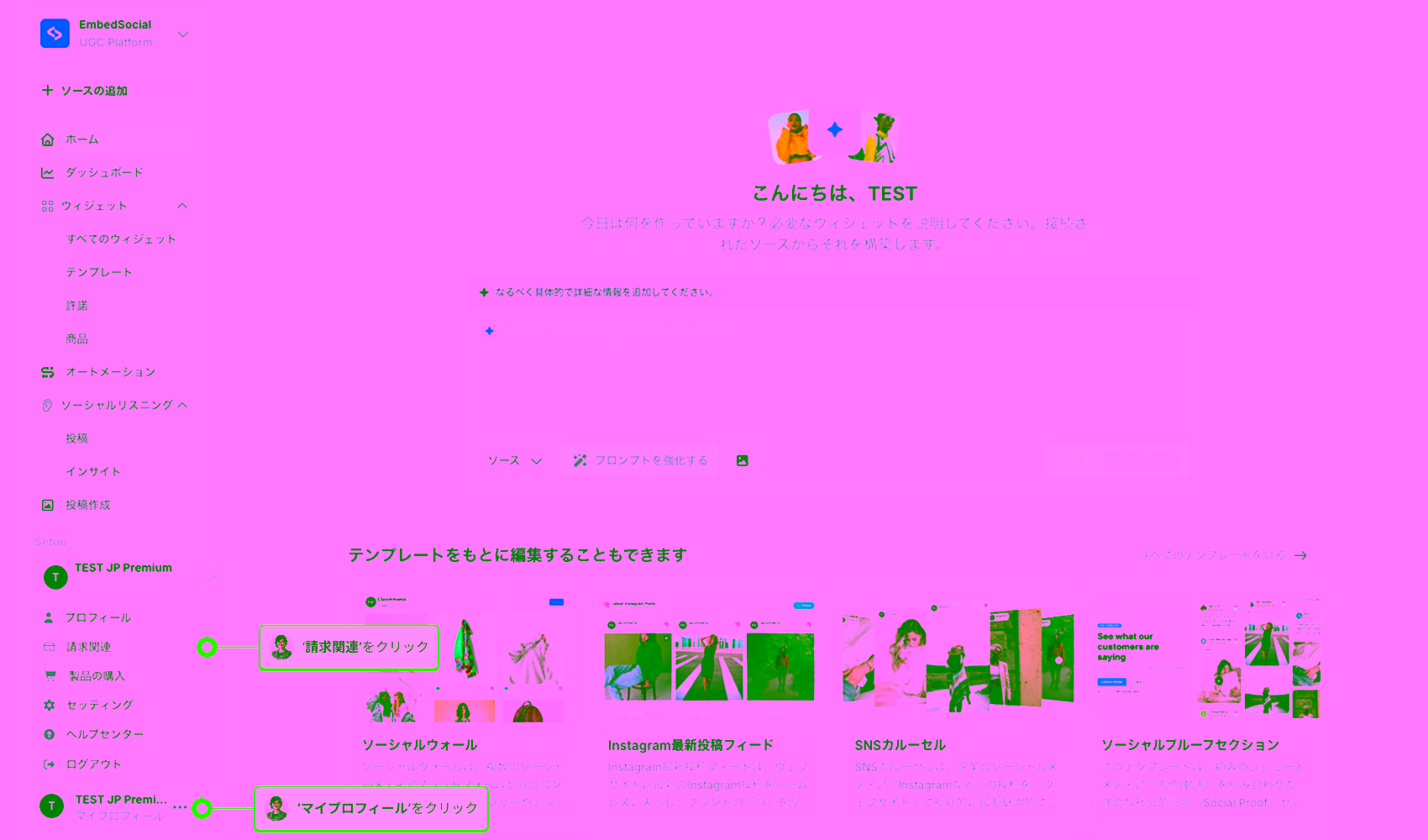 EmbedSocialアカウント内の請求関連ページに移動する